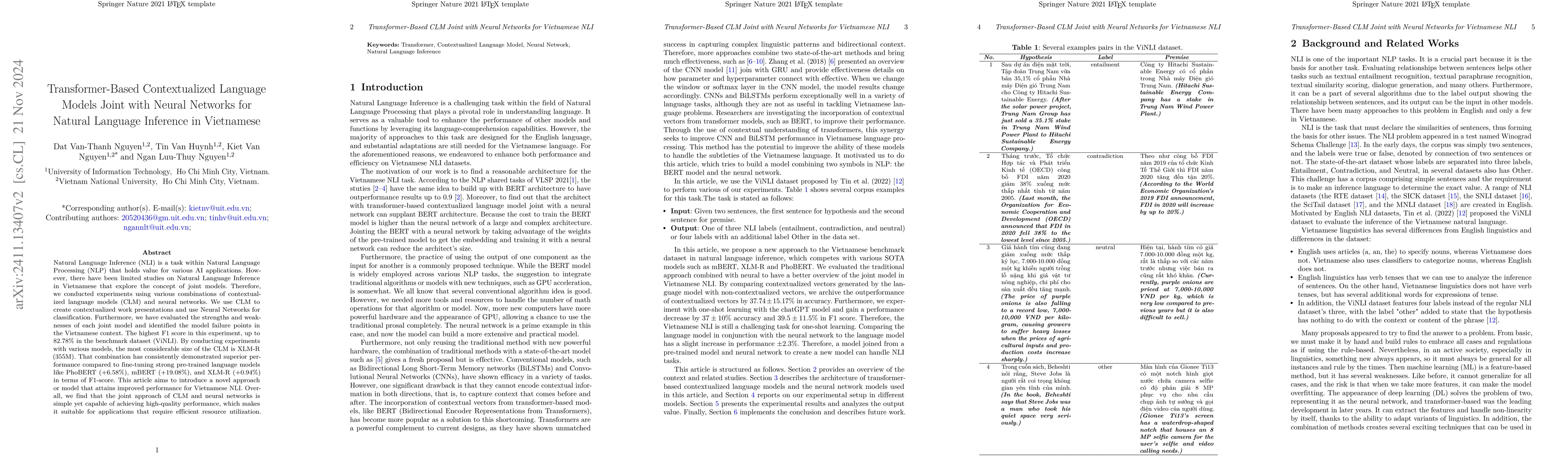 Thumbnail for Transformer-Based Contextualized Language Models Joint with Neural
  Networks for Natural Language Inference in Vietnamese