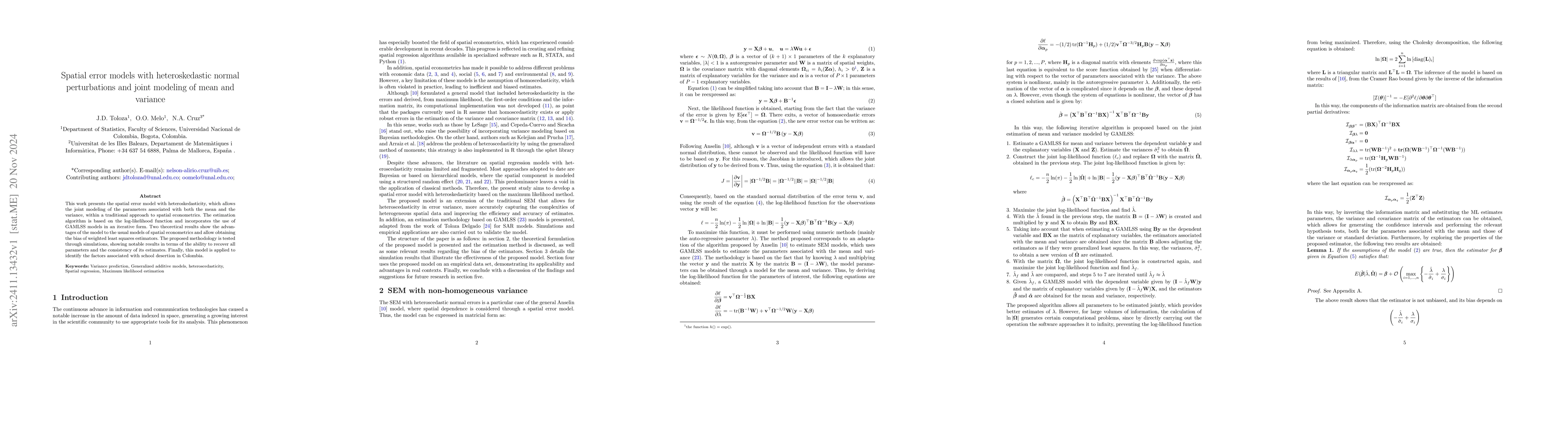 Thumbnail for Spatial error models with heteroskedastic normal perturbations and joint
  modeling of mean and variance