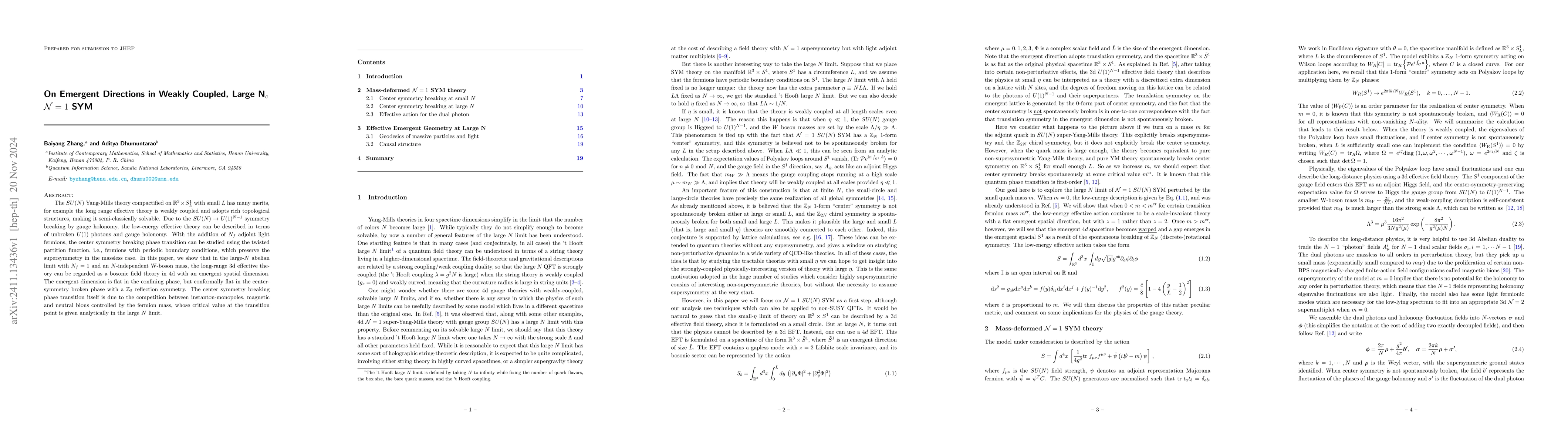 Thumbnail for On Emergent Directions in Weakly Coupled, Large N$_c$ $\mathcal{N}=1$
  SYM