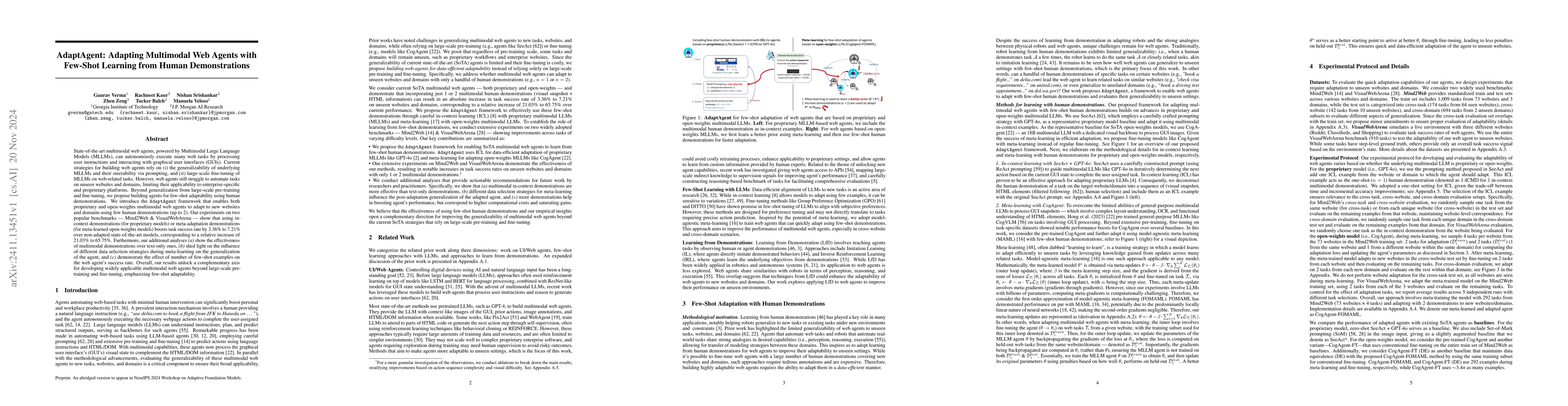 Thumbnail for AdaptAgent: Adapting Multimodal Web Agents with Few-Shot Learning from
  Human Demonstrations
