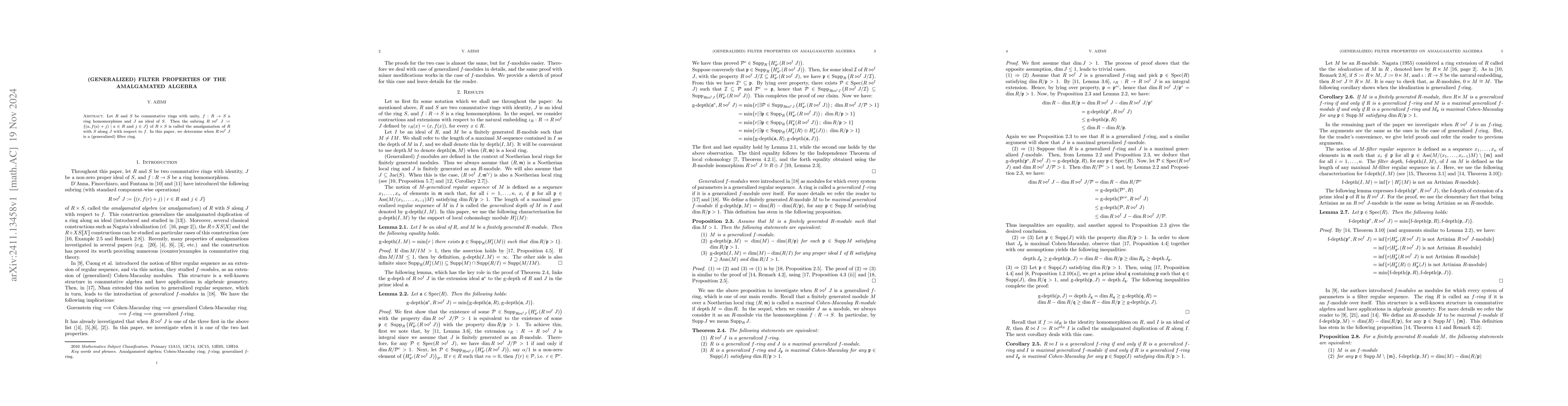 Thumbnail for (Generalized) filter properties of the amalgamated algebra