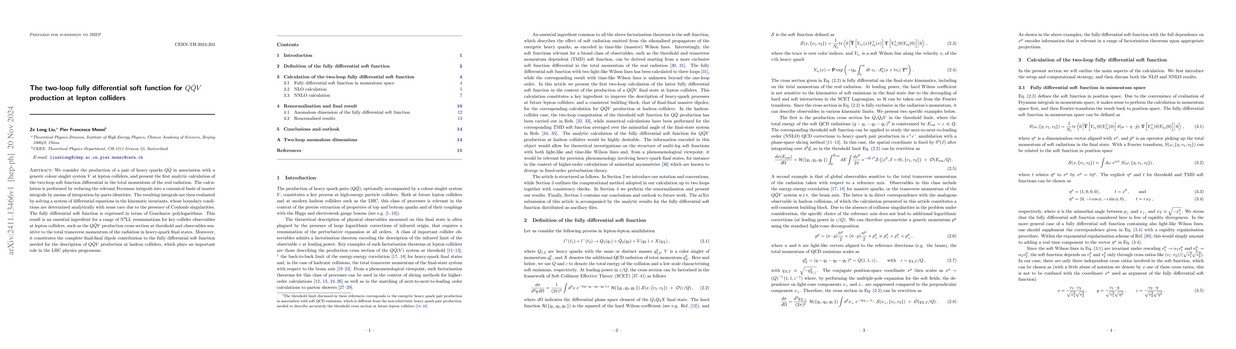 Thumbnail for The two-loop fully differential soft function for $Q\bar{Q}V$ production
  at lepton colliders