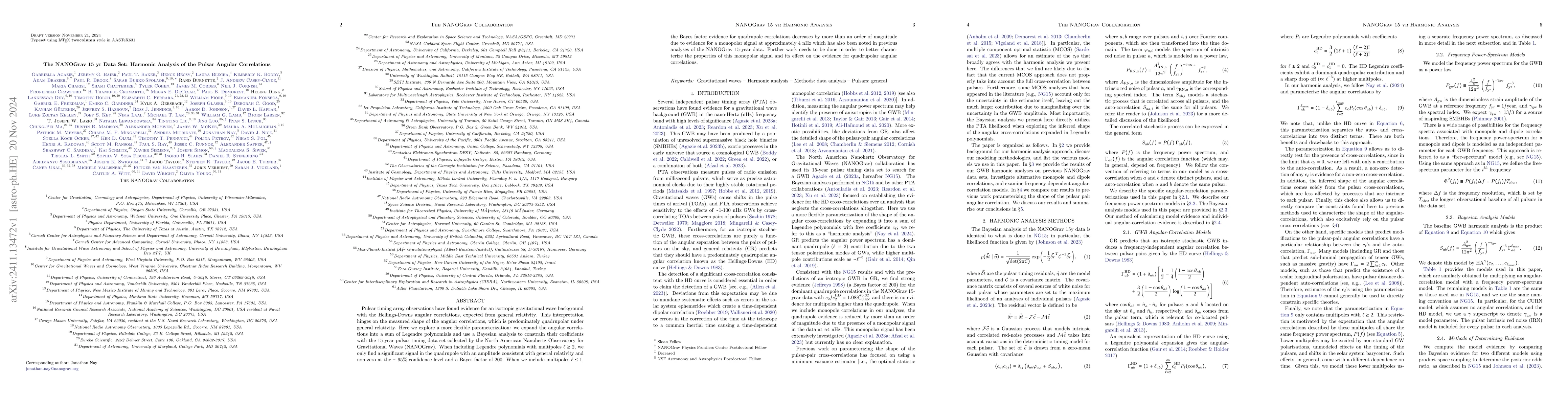 Thumbnail for The NANOGrav 15 yr Data Set: Harmonic Analysis of the Pulsar Angular
  Correlations