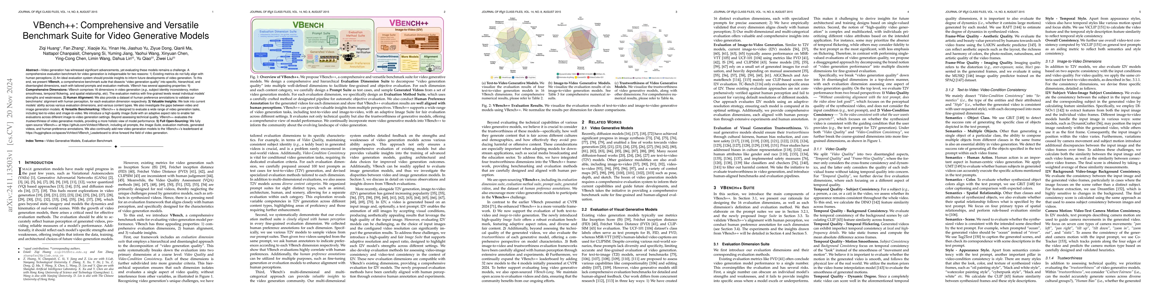 Thumbnail for VBench++: Comprehensive and Versatile Benchmark Suite for Video
  Generative Models