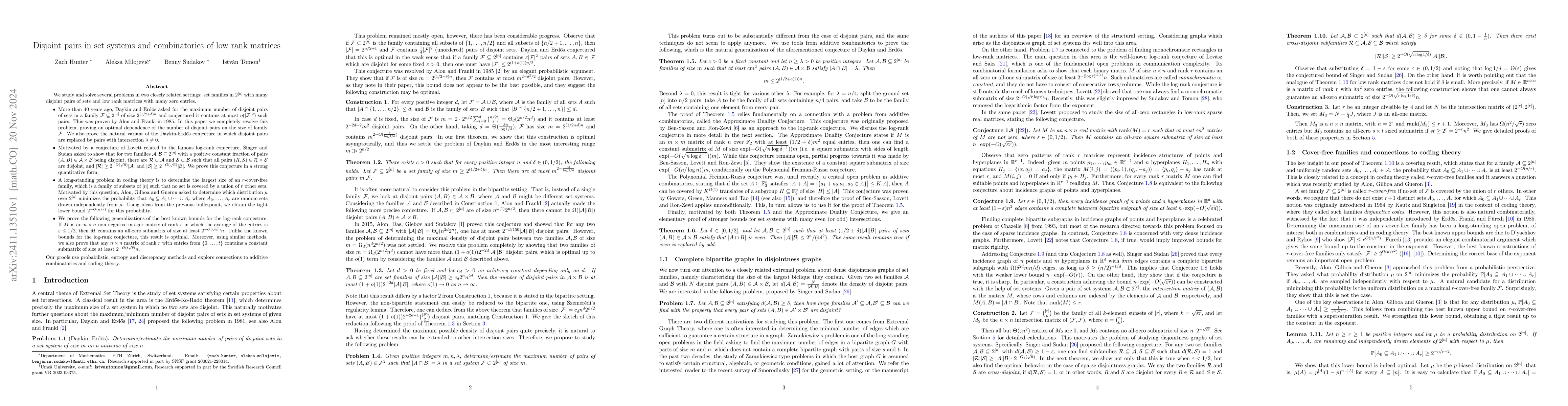 Thumbnail for Disjoint pairs in set systems and combinatorics of low rank matrices
