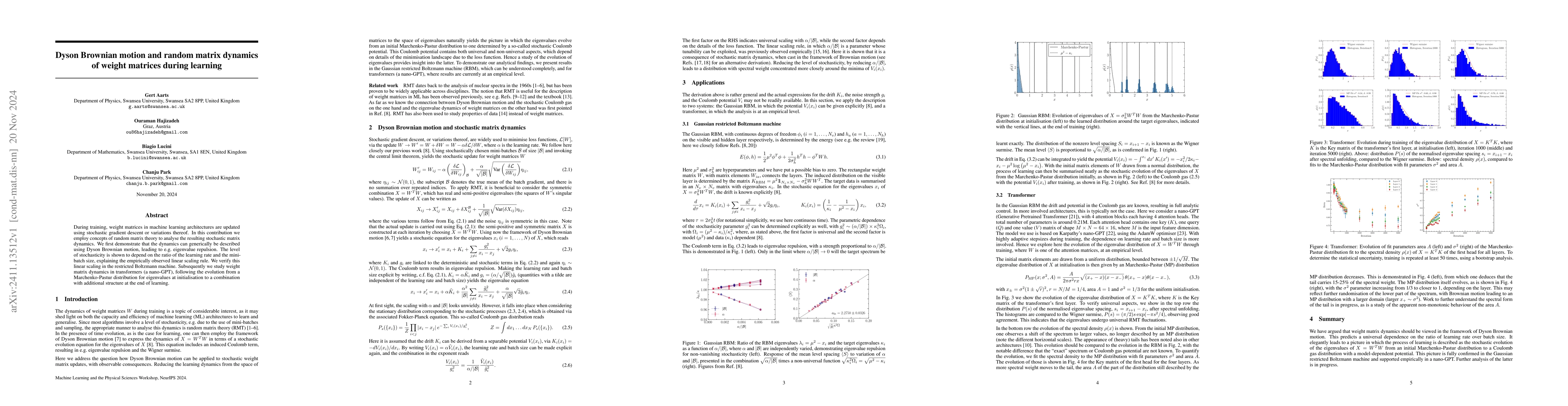 Thumbnail for Dyson Brownian motion and random matrix dynamics of weight matrices
  during learning