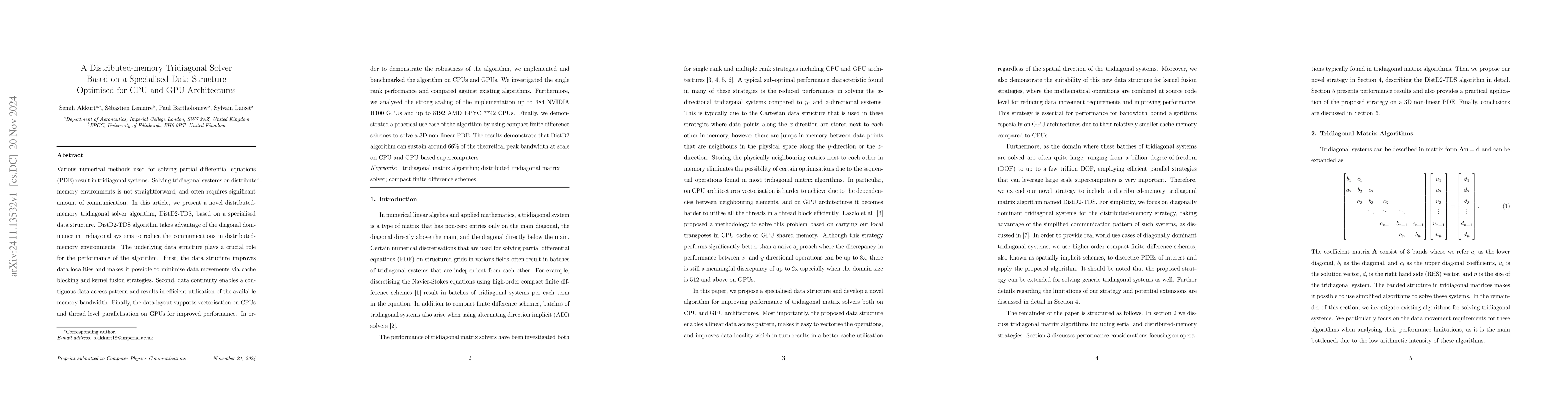 Thumbnail for A Distributed-memory Tridiagonal Solver Based on a Specialised Data
  Structure Optimised for CPU and GPU Architectures