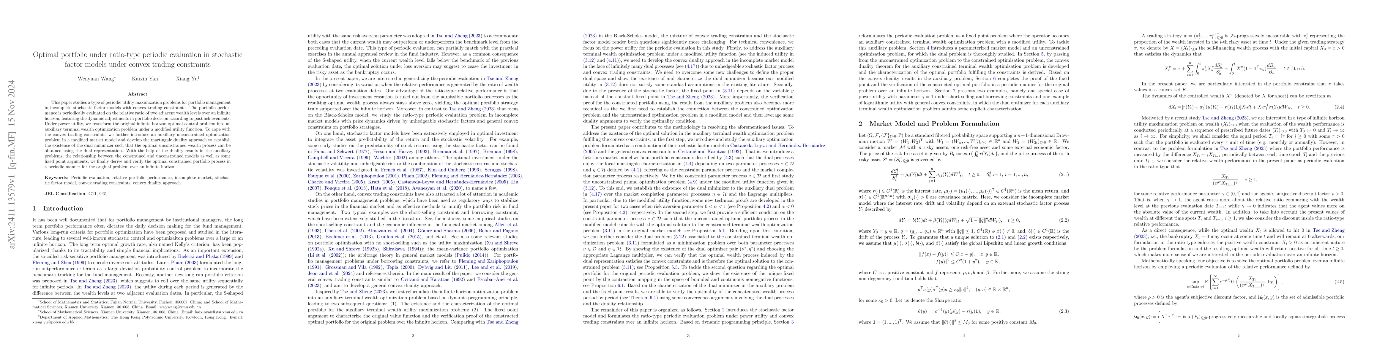 Thumbnail for Optimal portfolio under ratio-type periodic evaluation in stochastic
  factor models under convex trading constraints