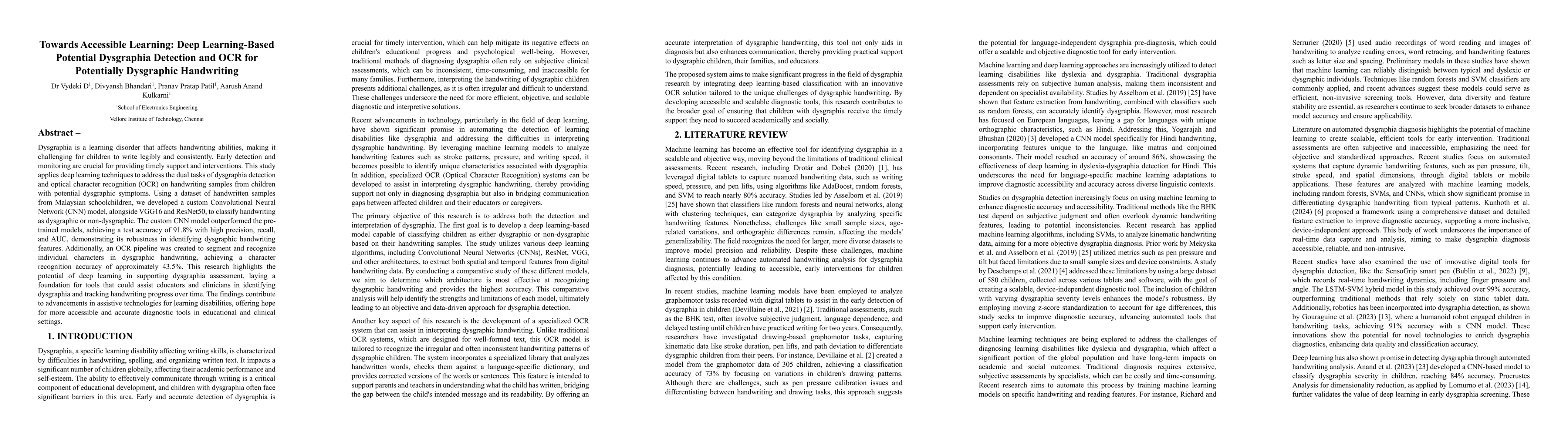 Thumbnail for Towards Accessible Learning: Deep Learning-Based Potential Dysgraphia
  Detection and OCR for Potentially Dysgraphic Handwriting