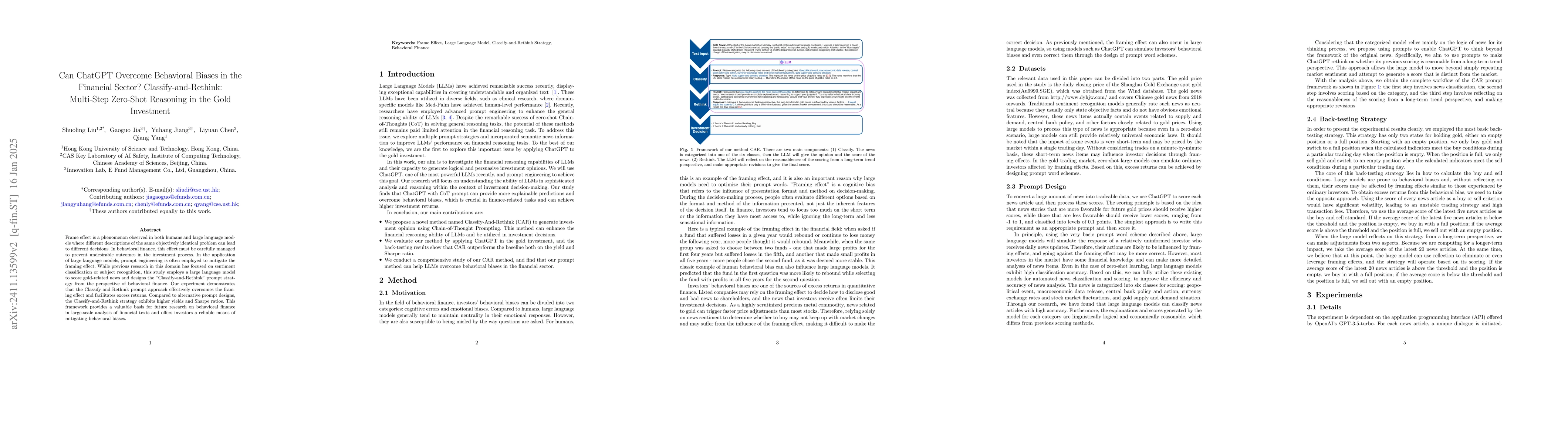Thumbnail for Can ChatGPT Overcome Behavioral Biases in the Financial Sector?
  Classify-and-Rethink: Multi-Step Zero-Shot Reasoning in the Gold Investment