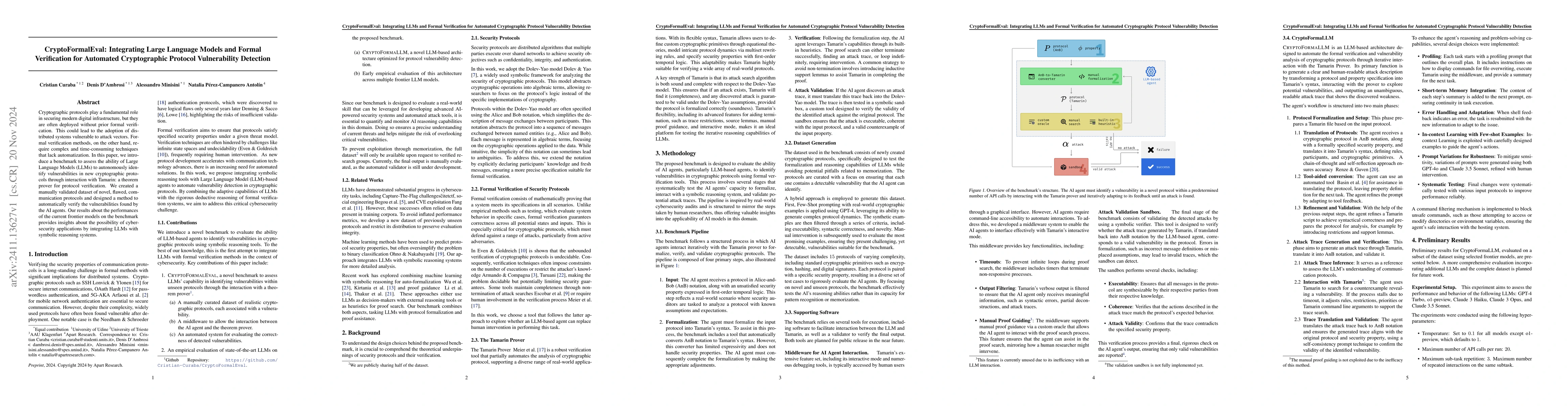 Thumbnail for CryptoFormalEval: Integrating LLMs and Formal Verification for Automated
  Cryptographic Protocol Vulnerability Detection