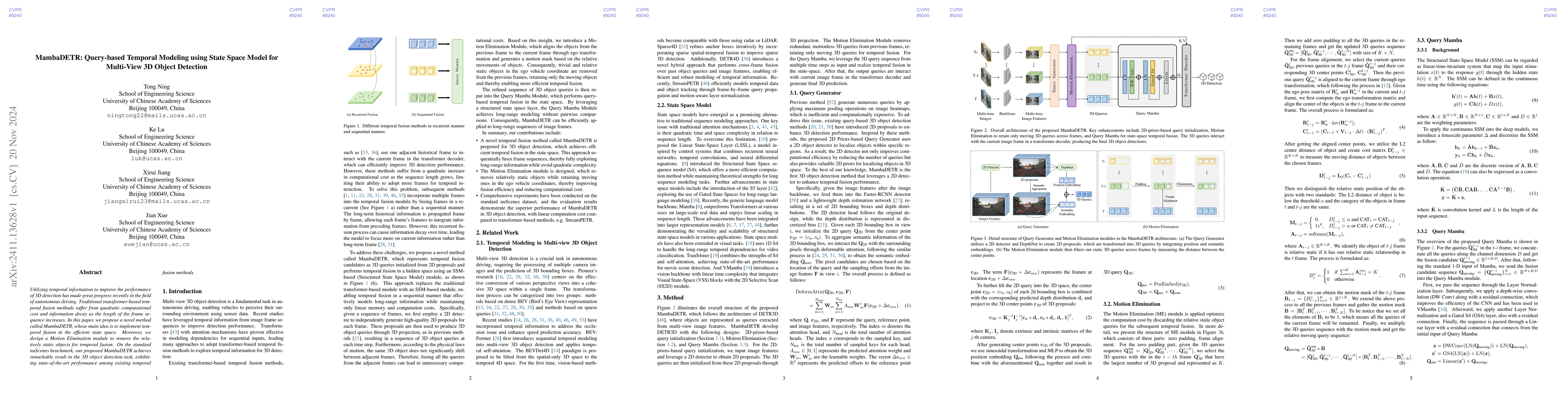 Thumbnail for MambaDETR: Query-based Temporal Modeling using State Space Model for
  Multi-View 3D Object Detection