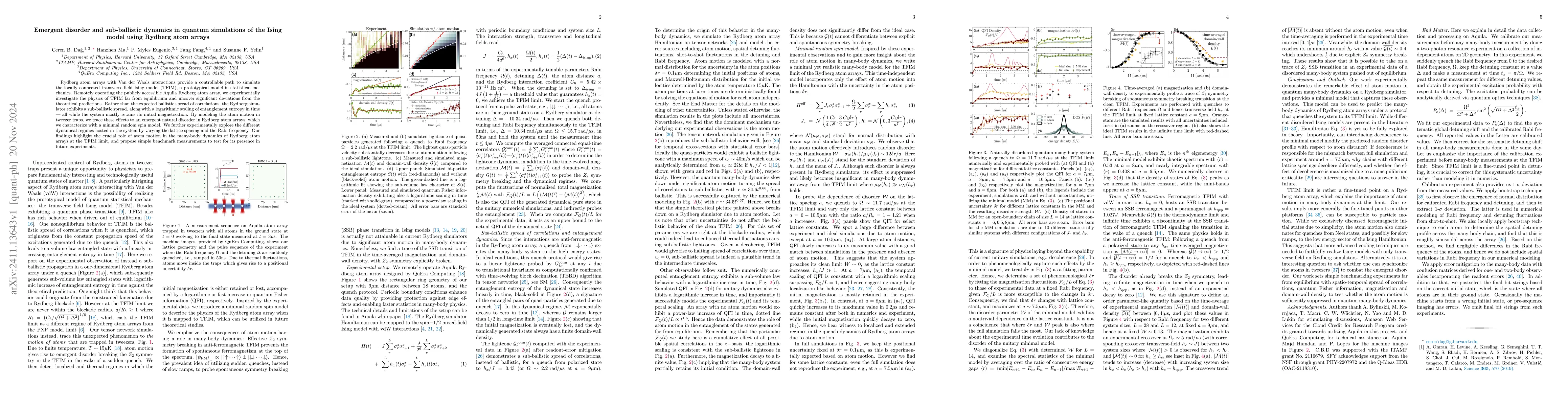 Thumbnail for Emergent disorder and sub-ballistic dynamics in quantum simulations of
  the Ising model using Rydberg atom arrays
