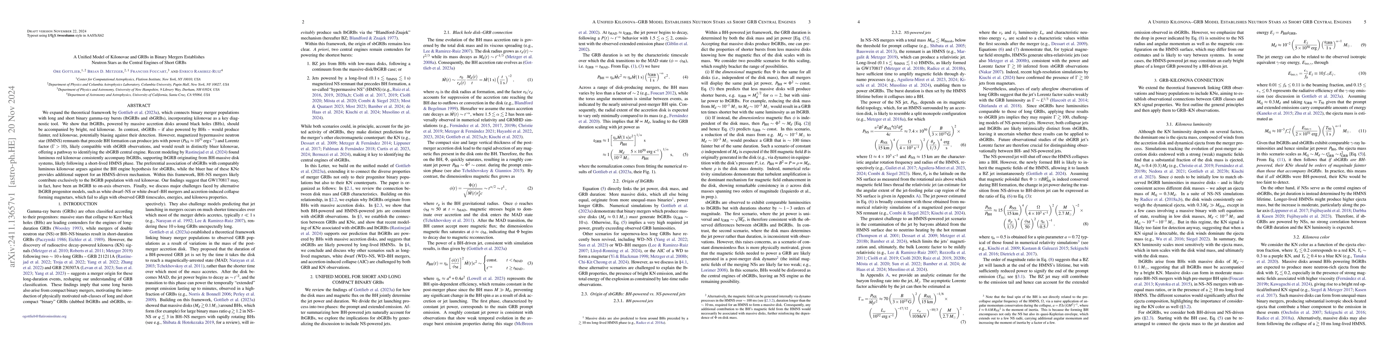 Thumbnail for A Unified Model of Kilonovae and GRBs in Binary Mergers Establishes
  Neutron Stars as the Central Engines of Short GRBs