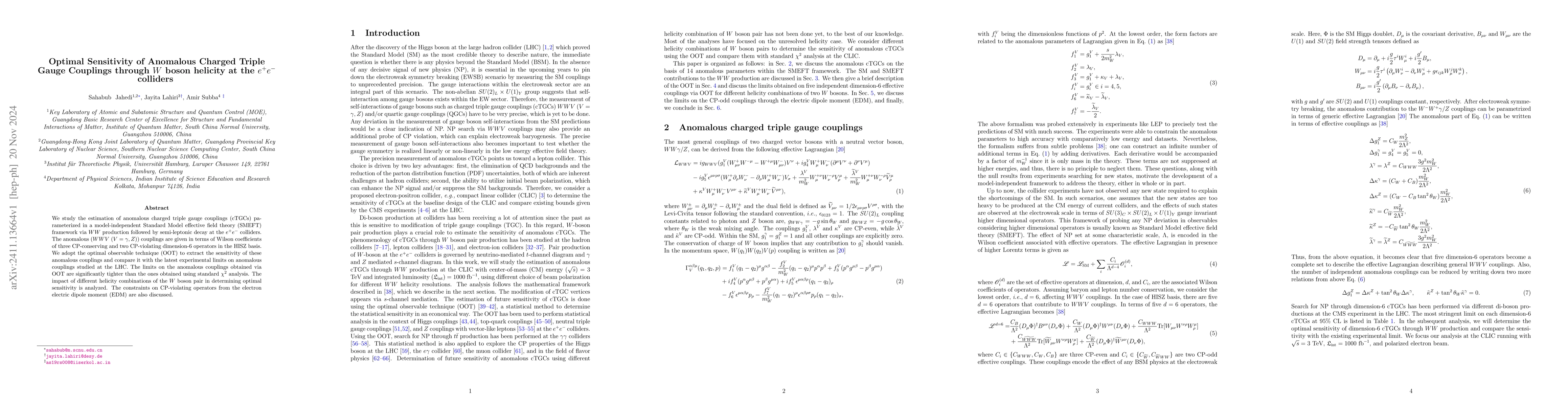 Thumbnail for Optimal Sensitivity of Anomalous Charged Triple Gauge Couplings through
  $W$ boson helicity at the $e^+e^-$ colliders