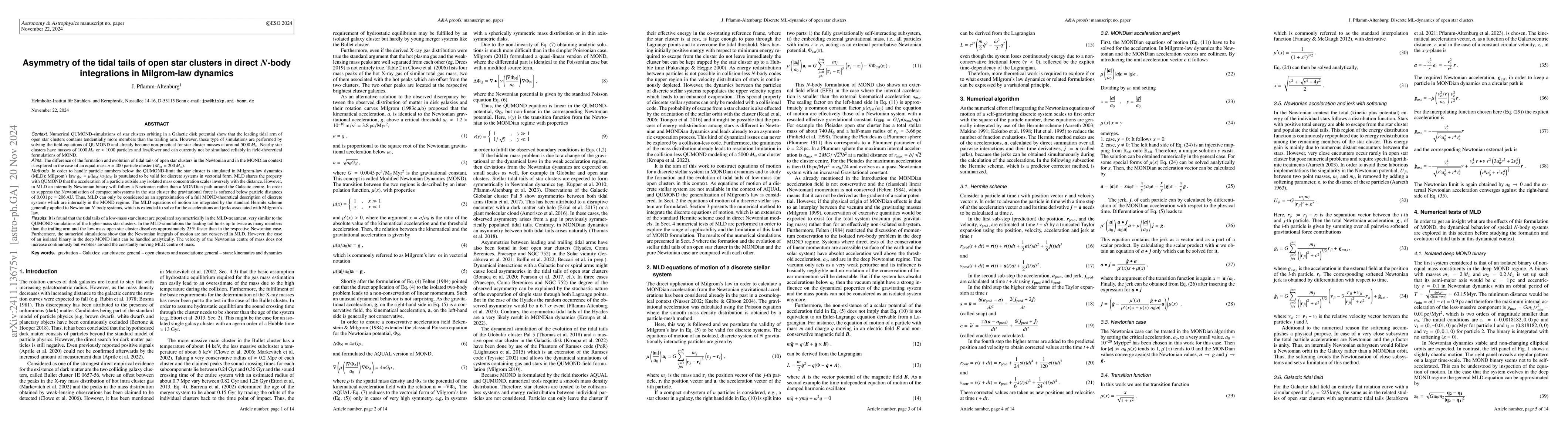 Thumbnail for Asymmetry of the tidal tails of open star clusters in direct N-body
  integrations in Milgrom-law dynamics