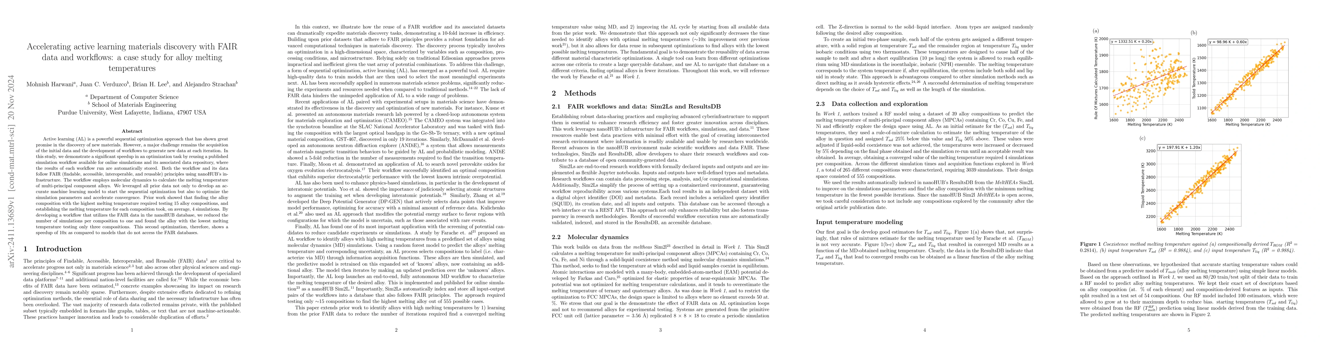 Thumbnail for Accelerating active learning materials discovery with FAIR data and
  workflows: a case study for alloy melting temperatures