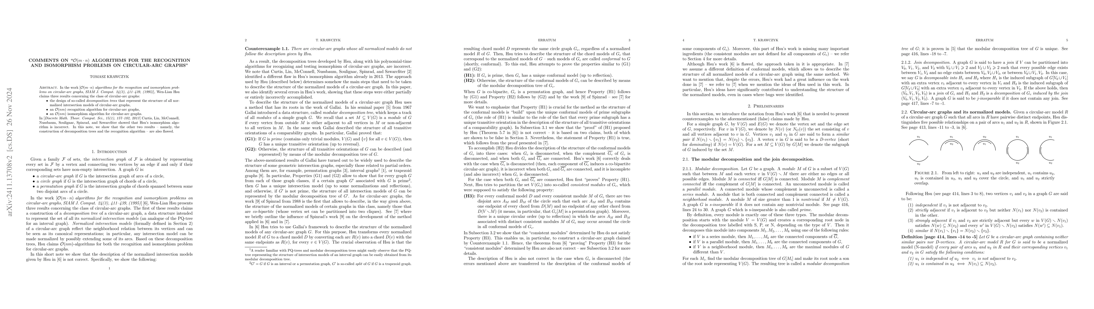 Thumbnail for Comments on "$\mathcal{O}(m\cdot n)$ algorithms for the recognition and
  isomorphism problems on circular-arc graphs"