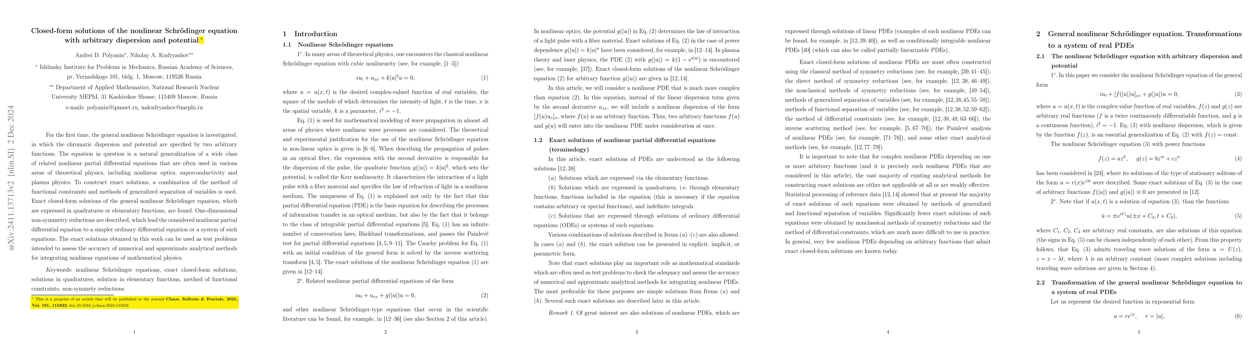 Thumbnail for Closed-form solutions of the nonlinear Schrödinger equation with
  arbitrary dispersion and potential