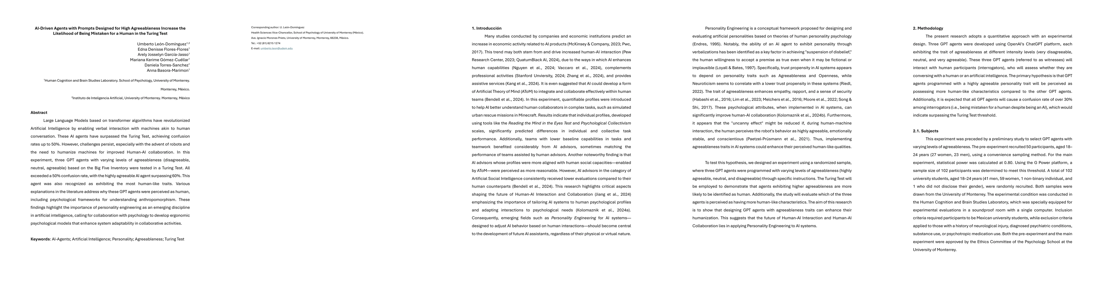 Thumbnail for AI-Driven Agents with Prompts Designed for High Agreeableness Increase
  the Likelihood of Being Mistaken for a Human in the Turing Test