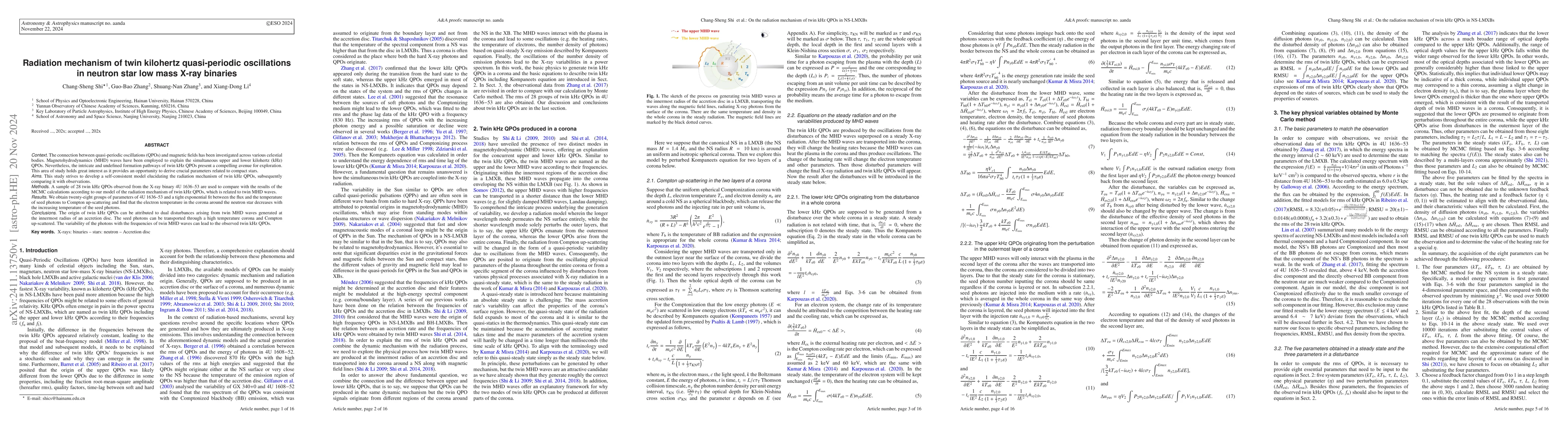 Thumbnail for Radiation mechanism of twin kilohertz quasi-periodic oscillations in
  neutron star low mass X-ray binaries