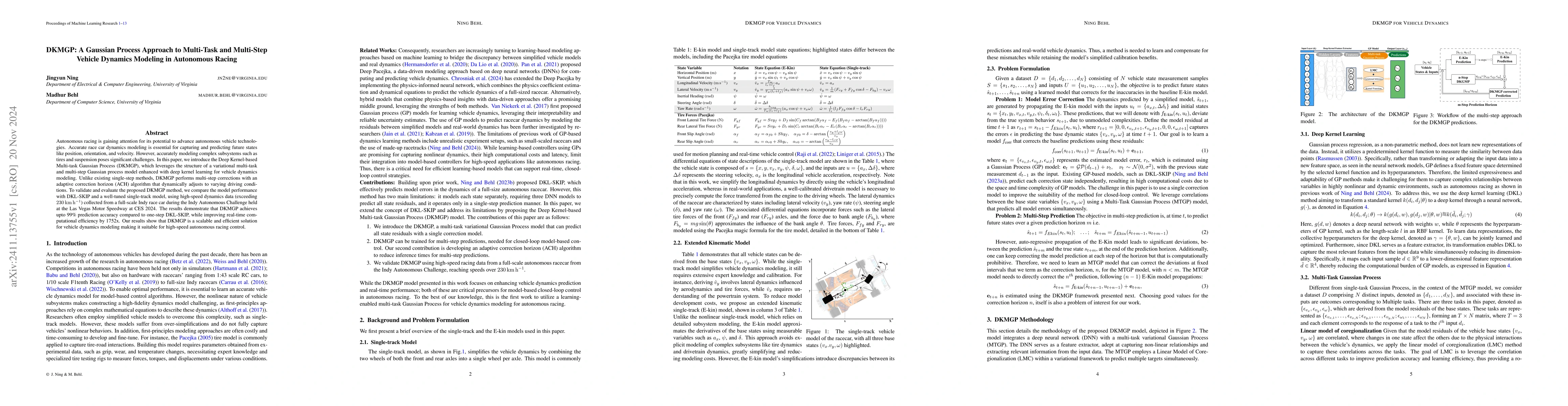 Thumbnail for DKMGP: A Gaussian Process Approach to Multi-Task and Multi-Step Vehicle
  Dynamics Modeling in Autonomous Racing