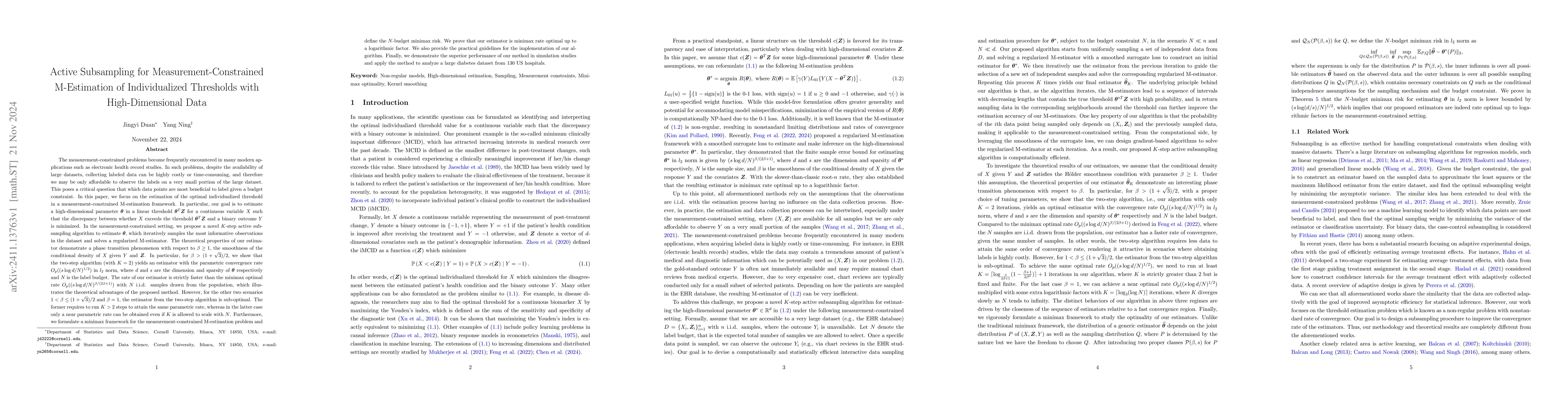 Thumbnail for Active Subsampling for Measurement-Constrained M-Estimation of
  Individualized Thresholds with High-Dimensional Data