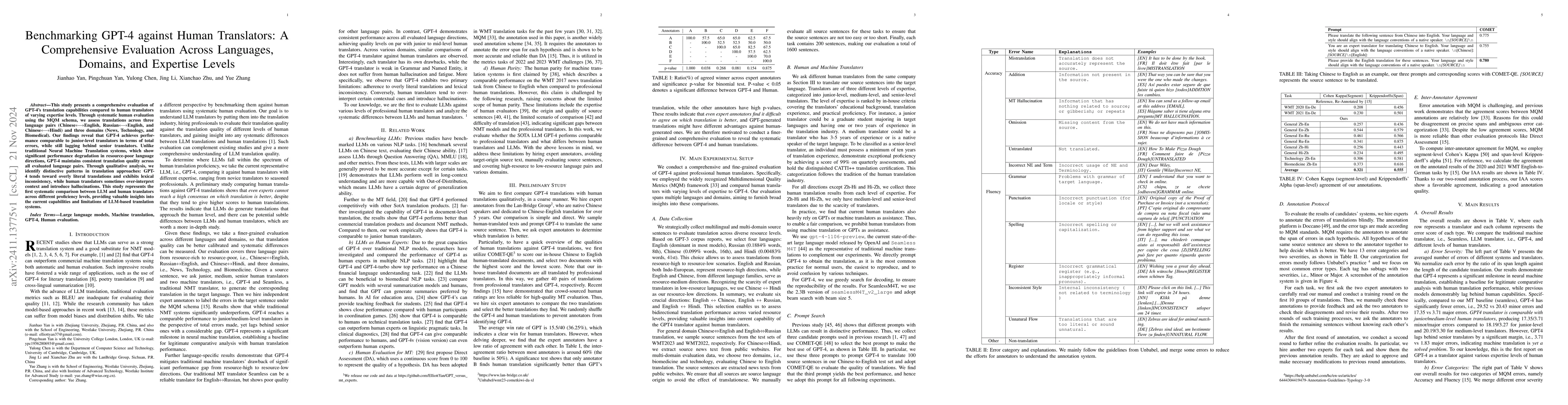 Thumbnail for Benchmarking GPT-4 against Human Translators: A Comprehensive Evaluation
  Across Languages, Domains, and Expertise Levels