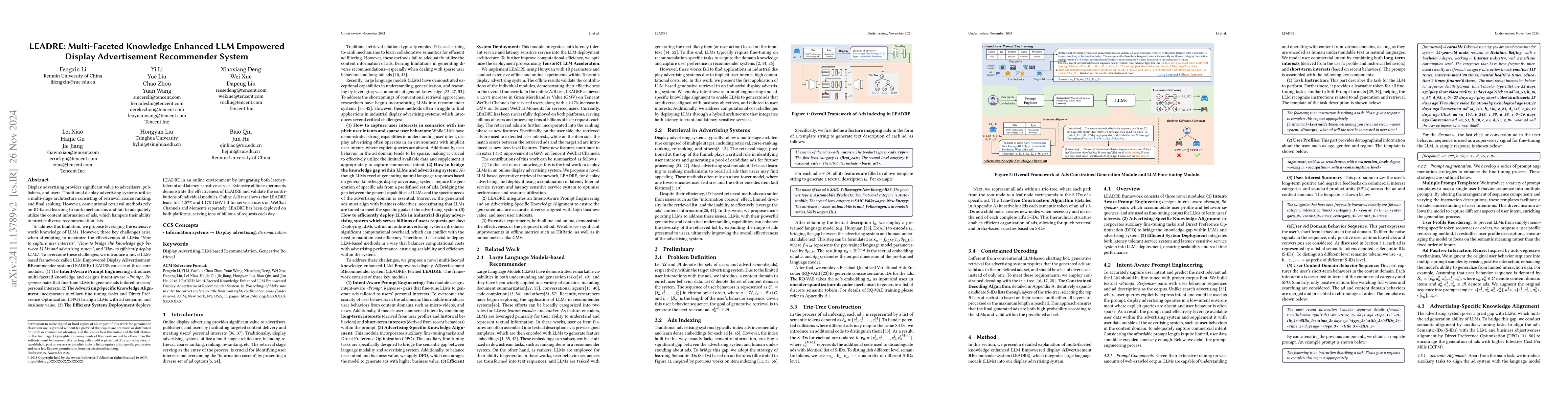 Thumbnail for LEADRE: Multi-Faceted Knowledge Enhanced LLM Empowered Display
  Advertisement Recommender System