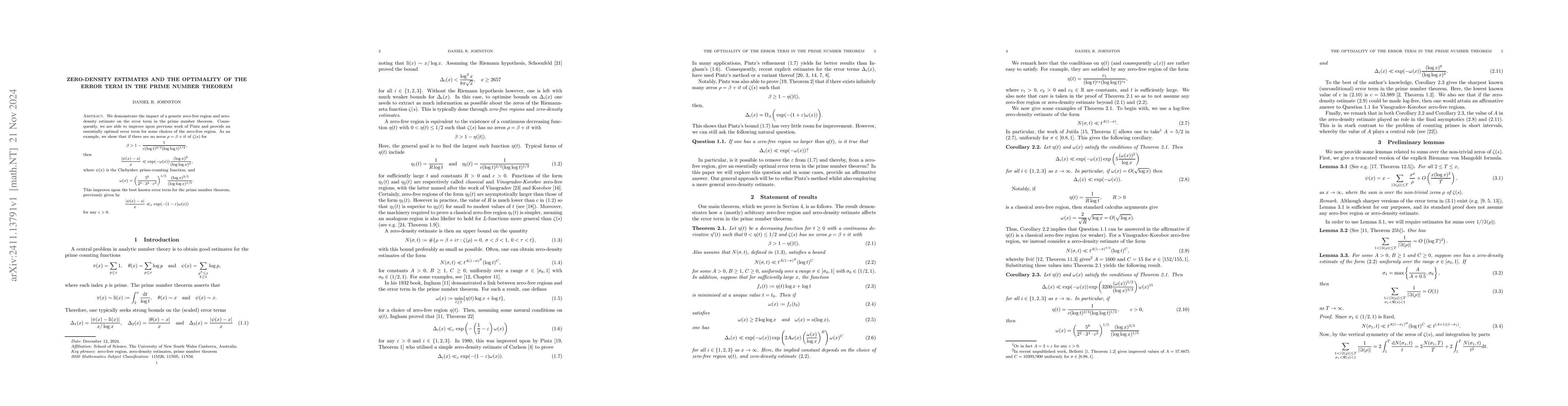 Thumbnail for Zero-density estimates and the optimality of the error term in the prime
  number theorem