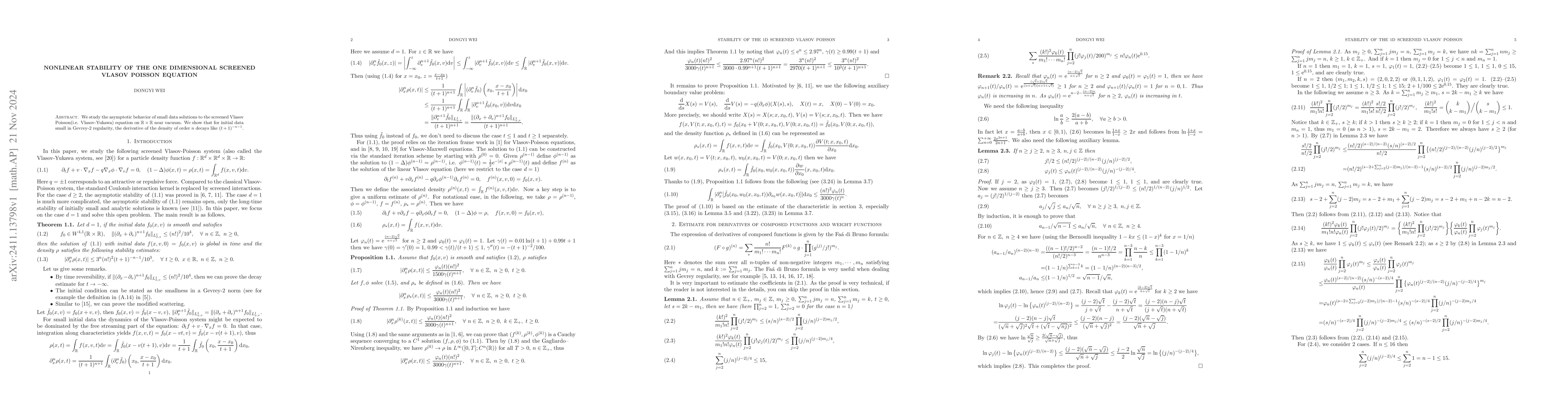 Thumbnail for Nonlinear stability of the one dimensional screened Vlasov Poisson
  equation