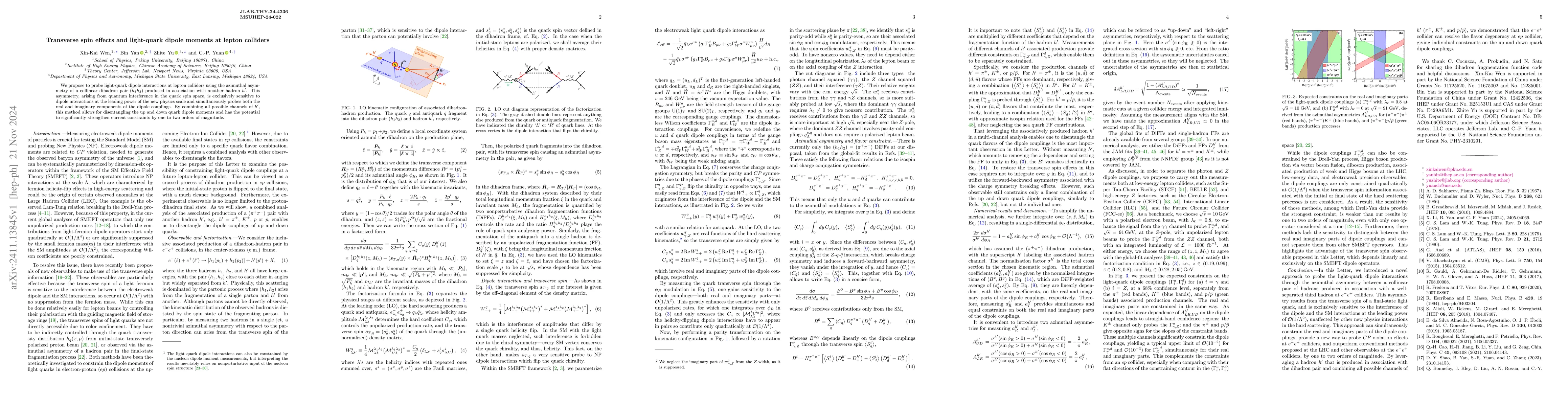 Thumbnail for Transverse spin effects and light-quark dipole moments at lepton
  colliders