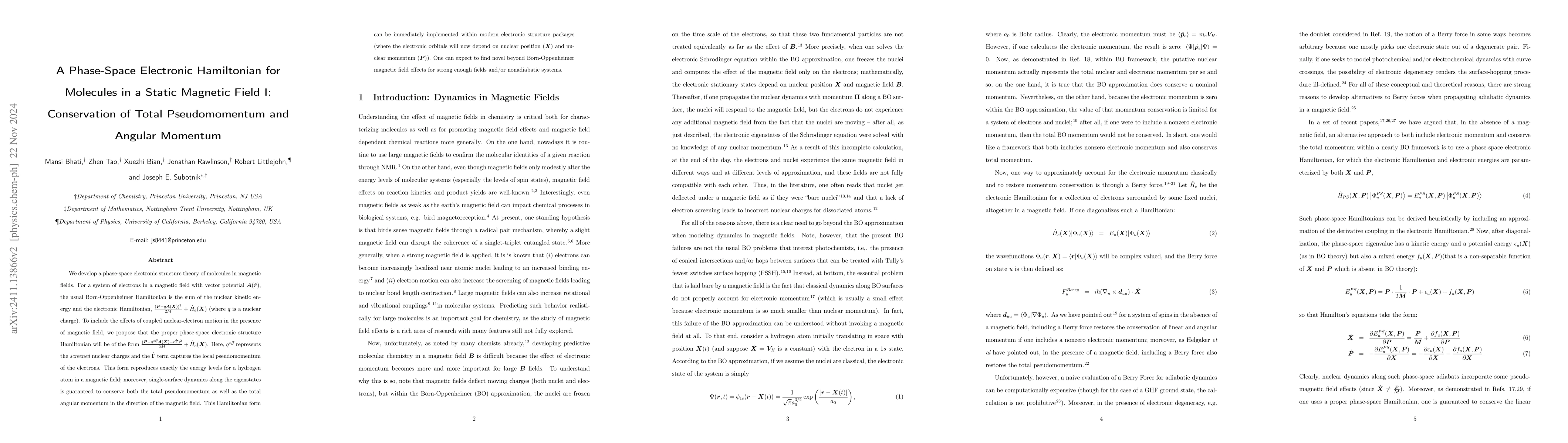 Thumbnail for A Phase-Space Electronic Hamiltonian for Molecules in a Static Magnetic
  Field I: Conservation of Total Pseudomomentum and Angular Momentum