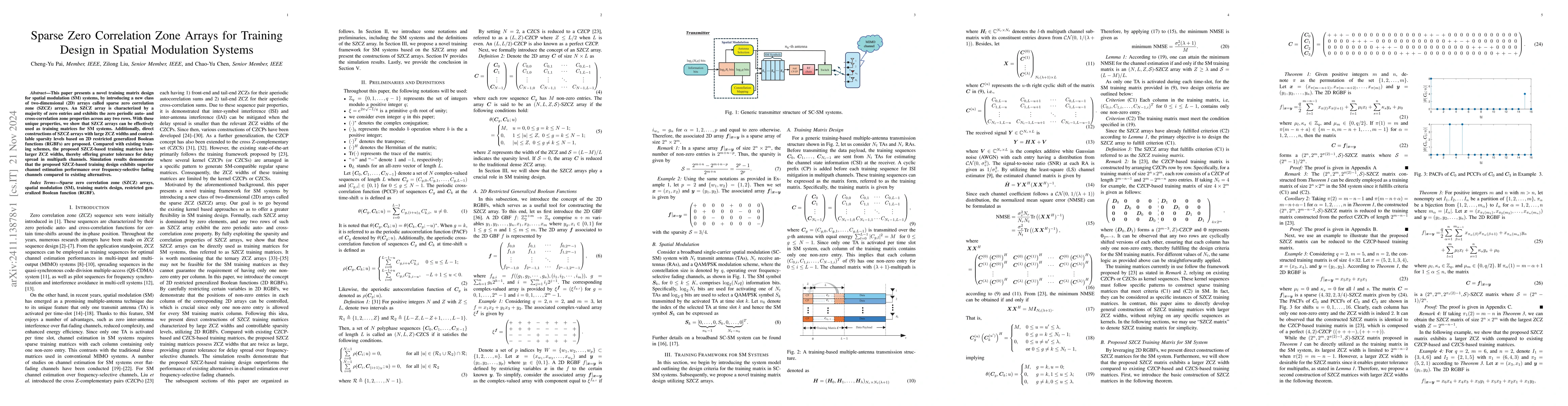 Thumbnail for Sparse Zero Correlation Zone Arrays for Training Design in Spatial
  Modulation Systems
