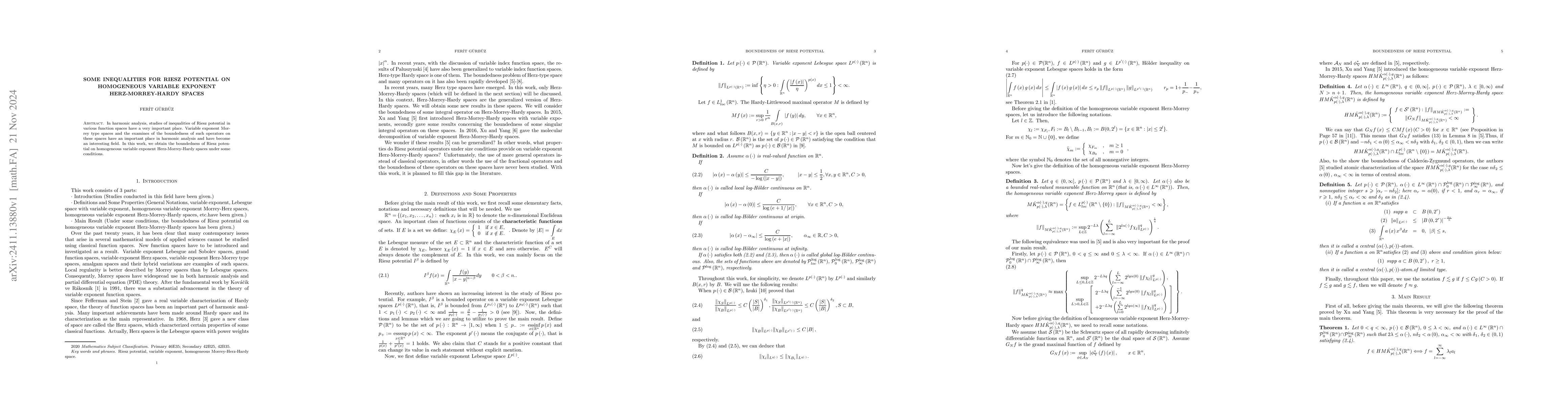 Thumbnail for Some Inequalities for Riesz Potential on Homogeneous Variable Exponent
  Herz-Morrey-Hardy Spaces