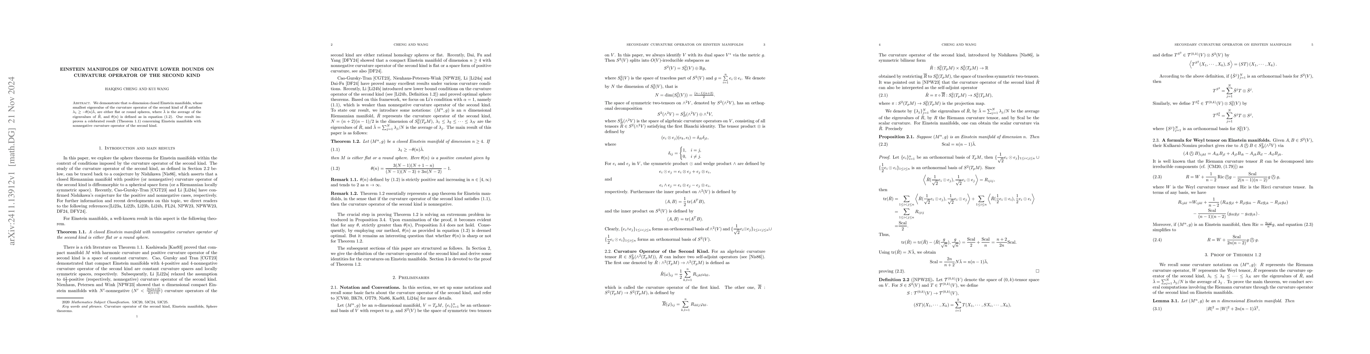 Thumbnail for Einstein manifolds of negative lower bounds on curvature operator of the
  second Kind