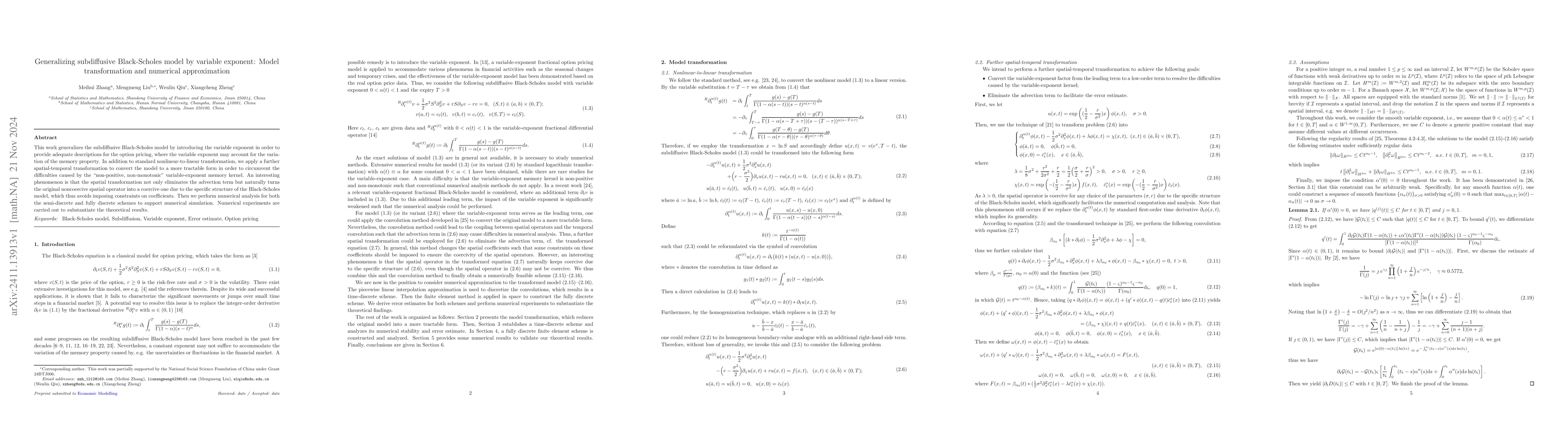 Thumbnail for Generalizing subdiffusive Black-Scholes model by variable exponent:
  Model transformation and numerical approximation