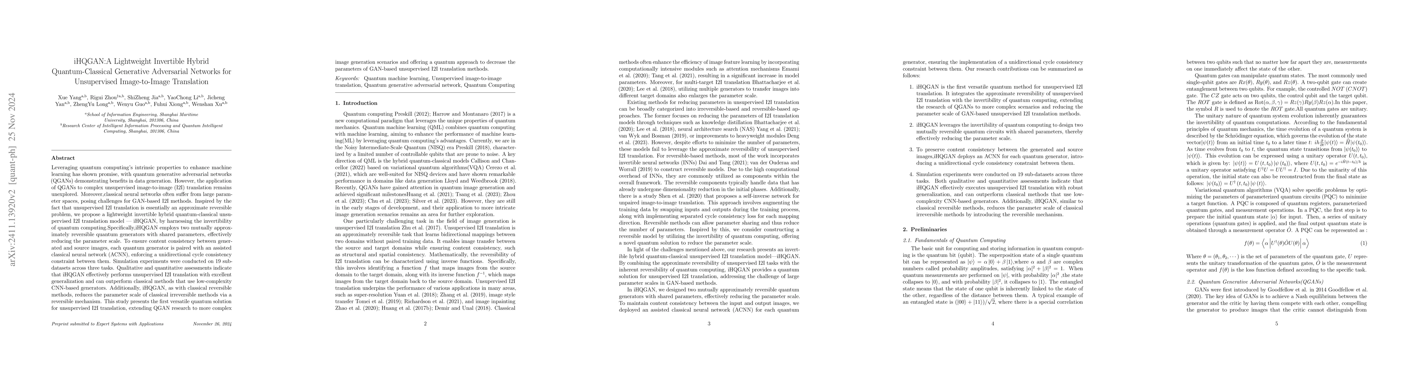 Thumbnail for iHQGAN: A Lightweight Invertible Hybrid Quantum-Classical Generative
  Adversarial Network for Unsupervised Image-to-Image Translation