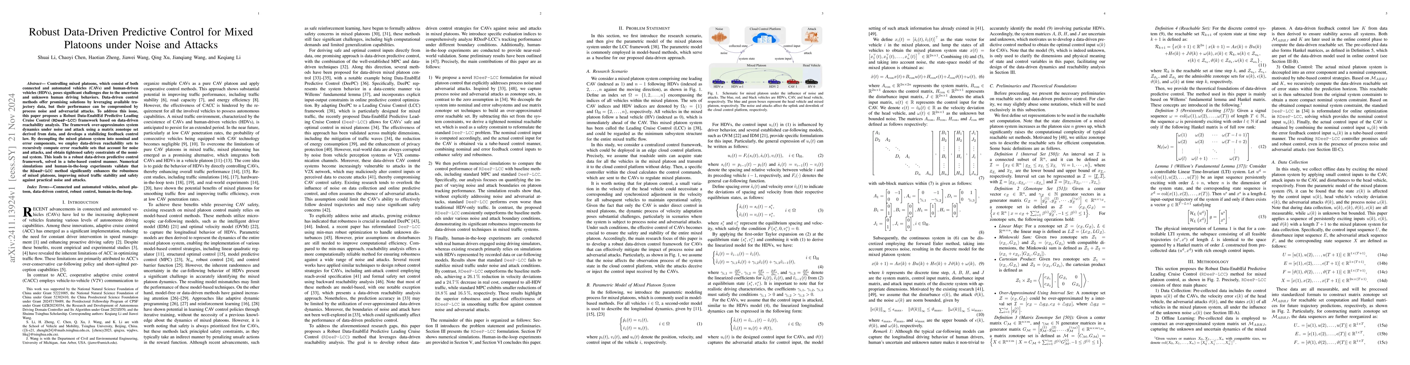 Thumbnail for Robust Data-Driven Predictive Control for Mixed Platoons under Noise and
  Attacks