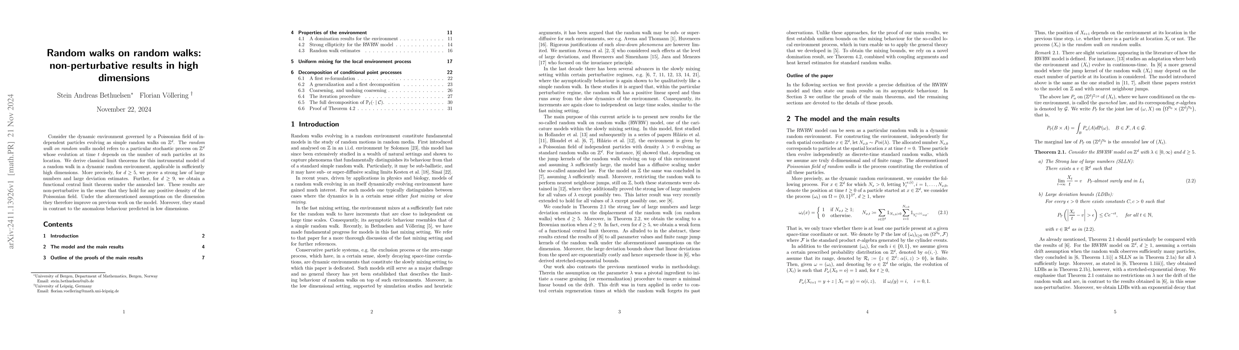 Thumbnail for Random walks on random walks: non-perturbative results in high
  dimensions