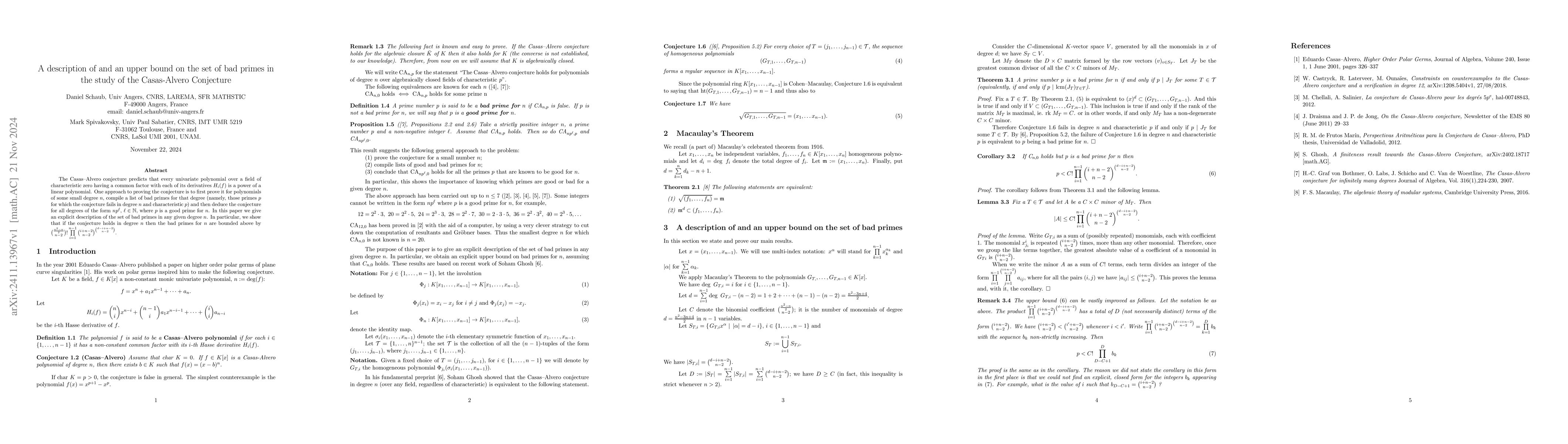 Thumbnail for A description of and an upper bound on the set of bad primes in the
  study of the Casas-Alvero Conjecture