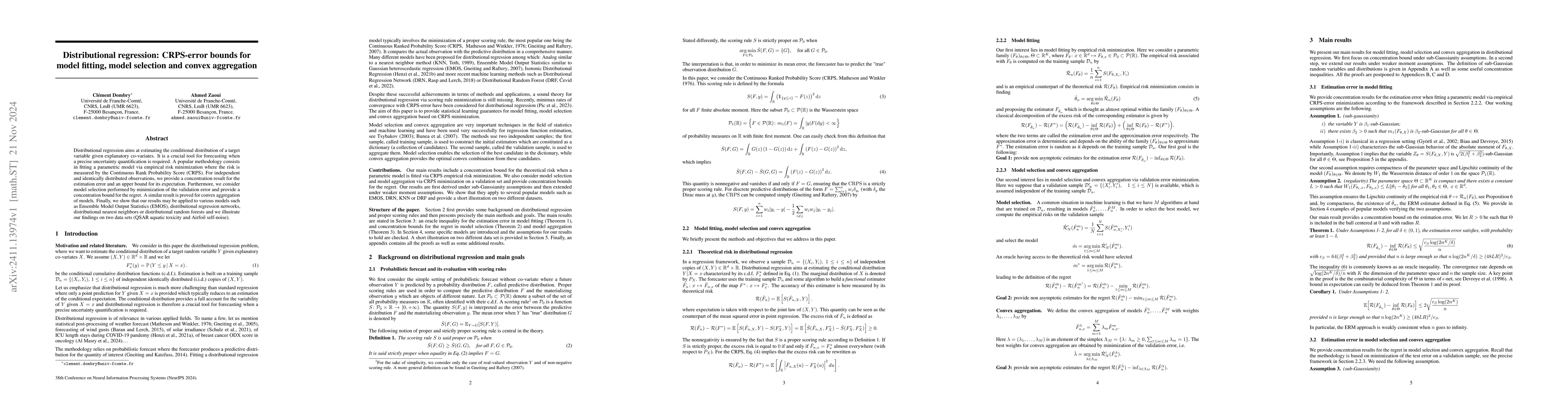 Thumbnail for Distributional regression: CRPS-error bounds for model fitting, model
  selection and convex aggregation