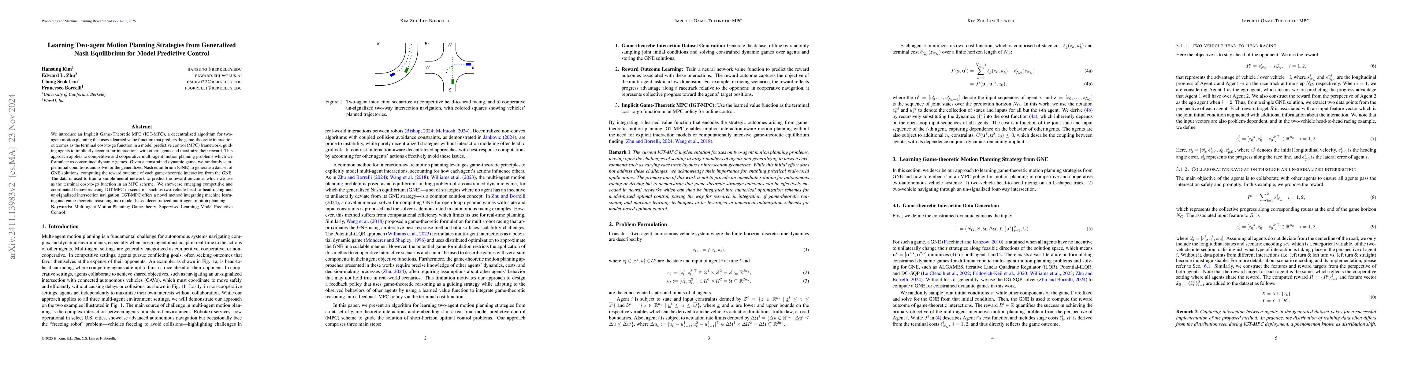 Thumbnail for Learning Two-agent Motion Planning Strategies from Generalized Nash
  Equilibrium for Model Predictive Control