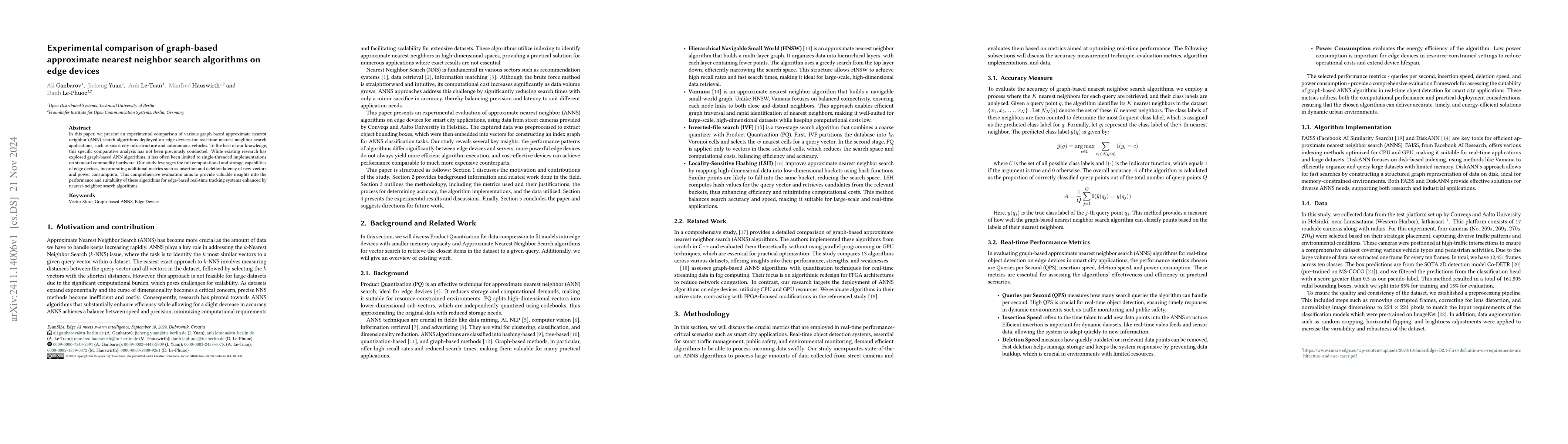 Thumbnail for Experimental comparison of graph-based approximate nearest neighbor
  search algorithms on edge devices