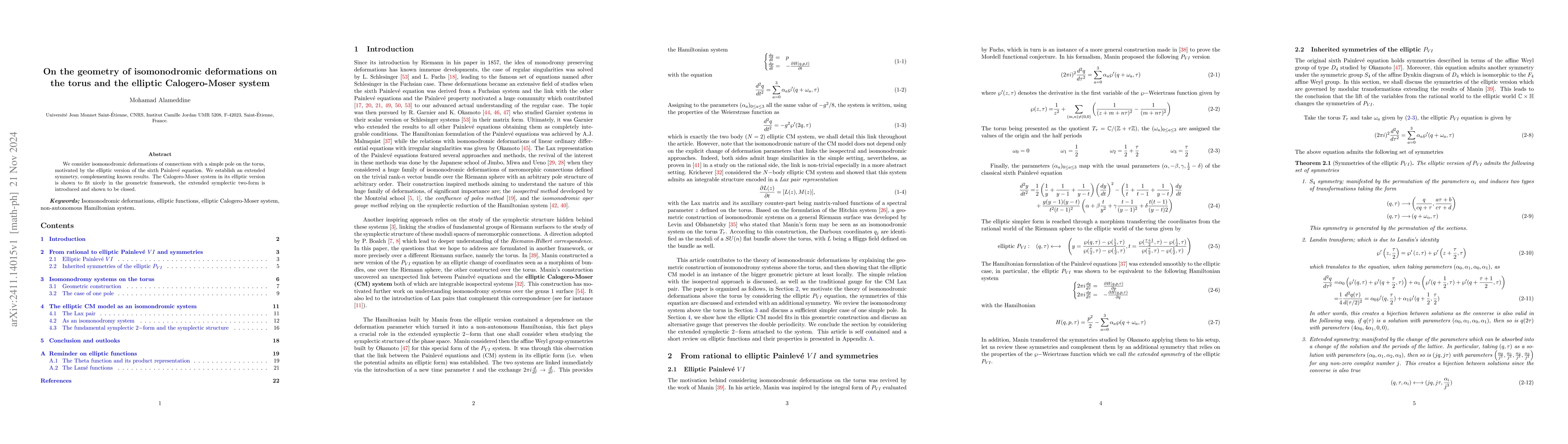 Thumbnail for On the geometry of isomonodromic deformations on the torus and the
  elliptic Calogero-Moser system