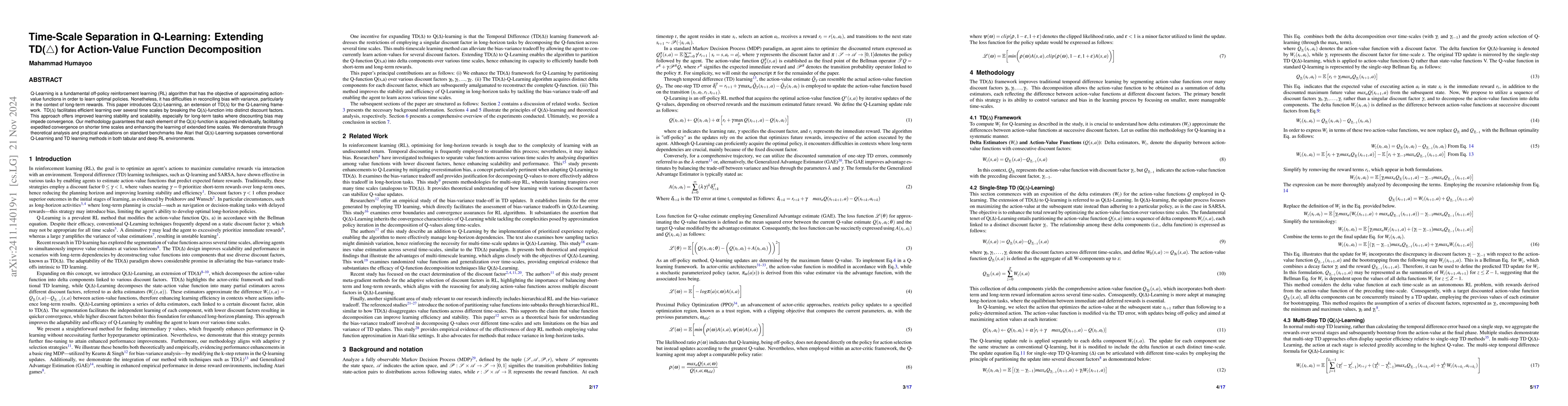 Thumbnail for Time-Scale Separation in Q-Learning: Extending TD($\triangle$) for
  Action-Value Function Decomposition
