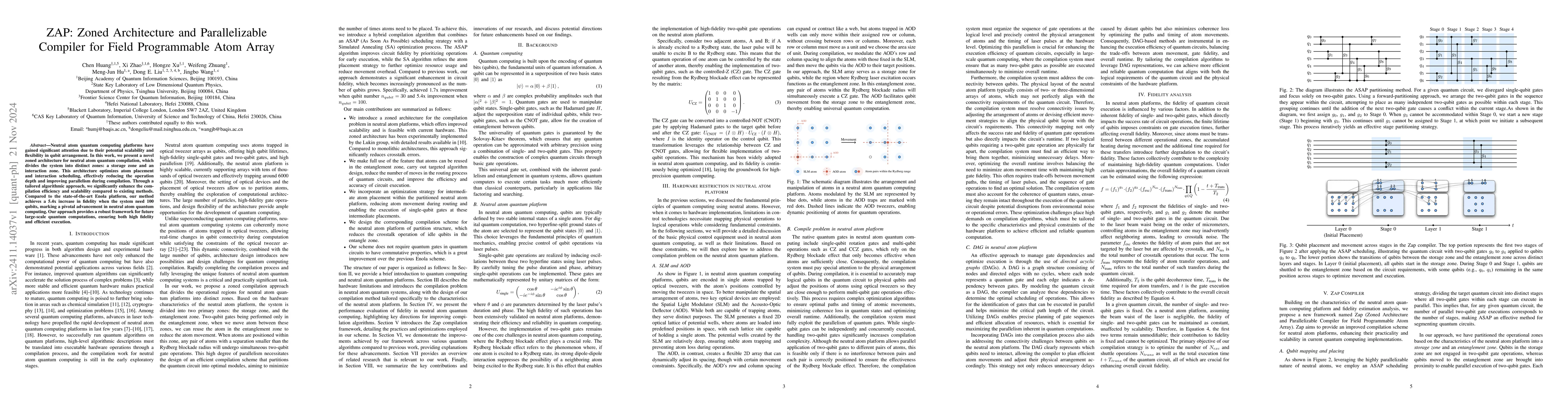 Thumbnail for ZAP: Zoned Architecture and Parallelizable Compiler for Field
  Programmable Atom Array