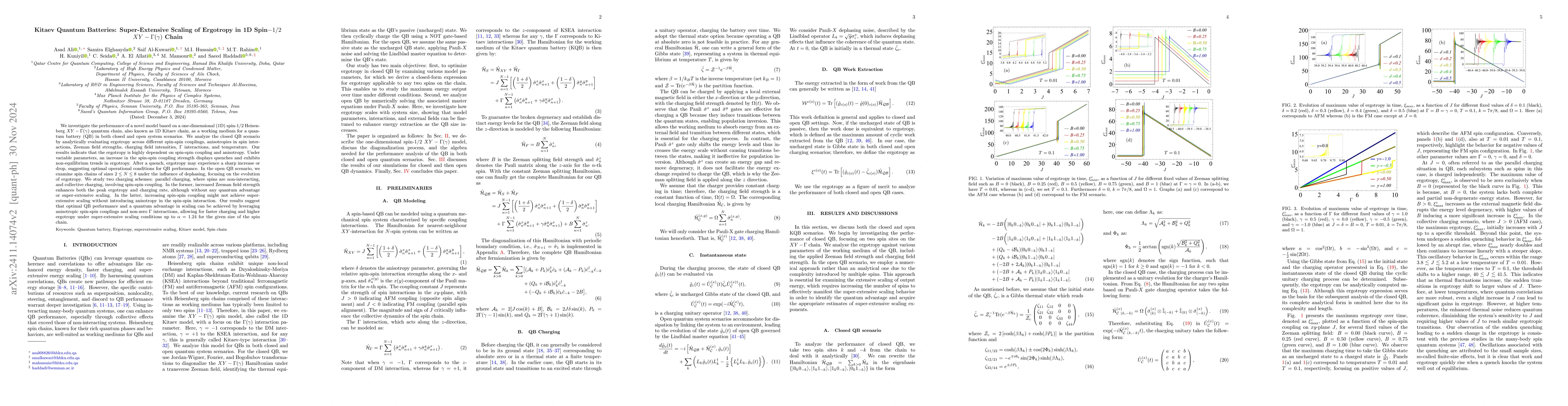 Thumbnail for Kitaev Quantum Batteries: Super-Extensive Scaling of Ergotropy in 1D
  Spin$-1/2$ $XY-Γ(γ)$ Chain