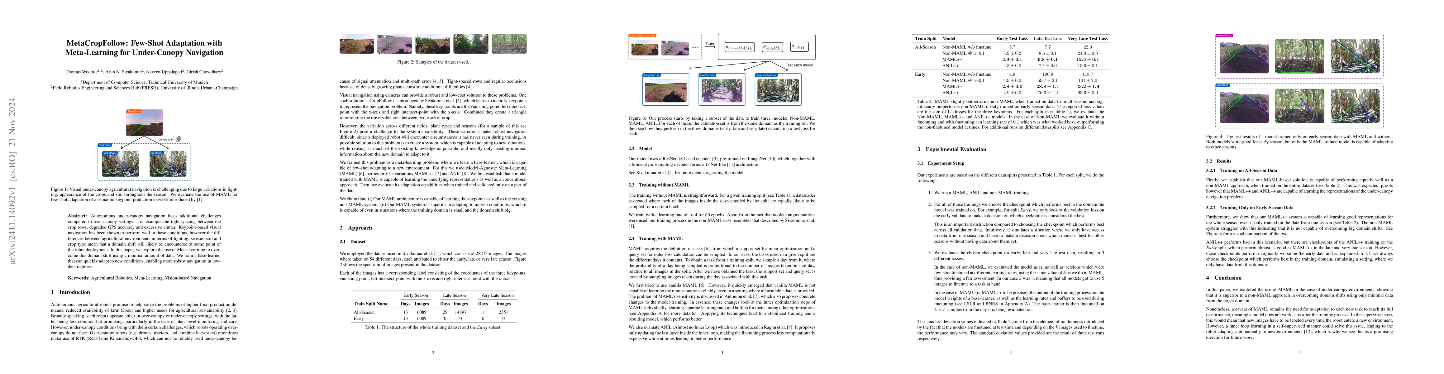 Thumbnail for MetaCropFollow: Few-Shot Adaptation with Meta-Learning for Under-Canopy
  Navigation