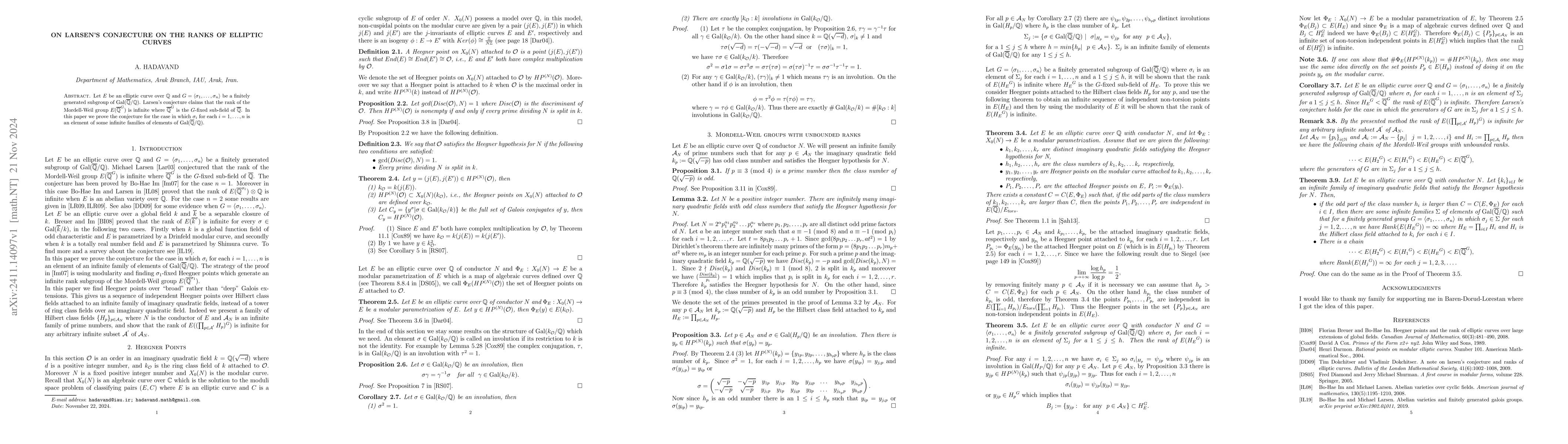 Thumbnail for On Larsen's conjecture on the ranks of Elliptic Curves